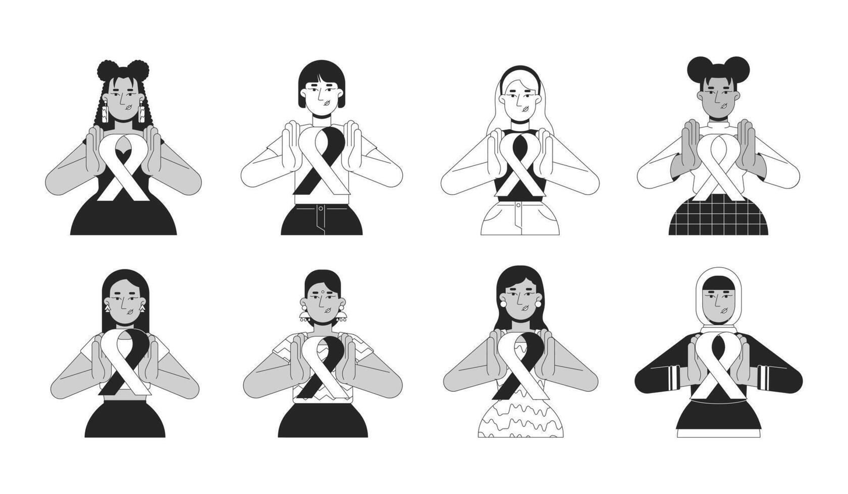 Multicultural women holding white ribbons awareness black and white 2D line characters set. Breast cancer females multiracial isolated outline people. Monochrome spot illustrations collection vector
