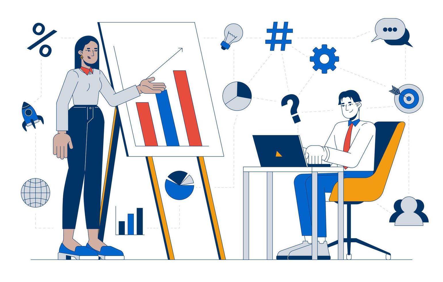 Presentation at business meeting 2D illustration concept. Arab businesswoman explaining plan to asian male colleague cartoon characters isolated on white. Metaphor abstract flat graphic vector