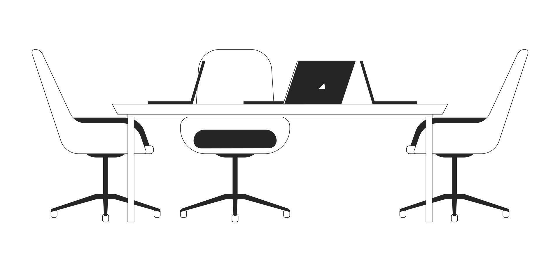Office desk with laptops and chairs black and white 2D line object. Comfortable furniture and computers for corporate coworking isolated clip art outline item. Monochromatic spot illustration vector