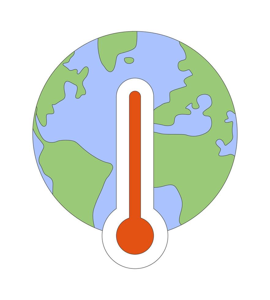 Earth globe with thermometer 2D cartoon object. Global warming crisis. Greenhouse effect impact on planet environment isolated element flat clipart on white background. Spot illustration vector