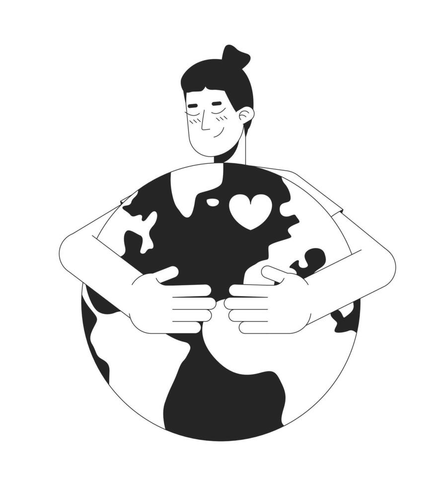 Love your home black and white 2D illustration concept. Environmental care idea. Happy asian man hugging earth globe with heart outline character isolated. Metaphor monochrome art vector