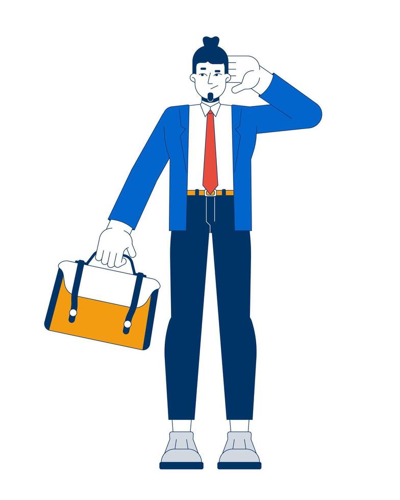 Confused caucasian businessman with briefcase 2D cartoon character. Young adult office employee making decision isolated person flat on white background. Spot illustration colorful vector