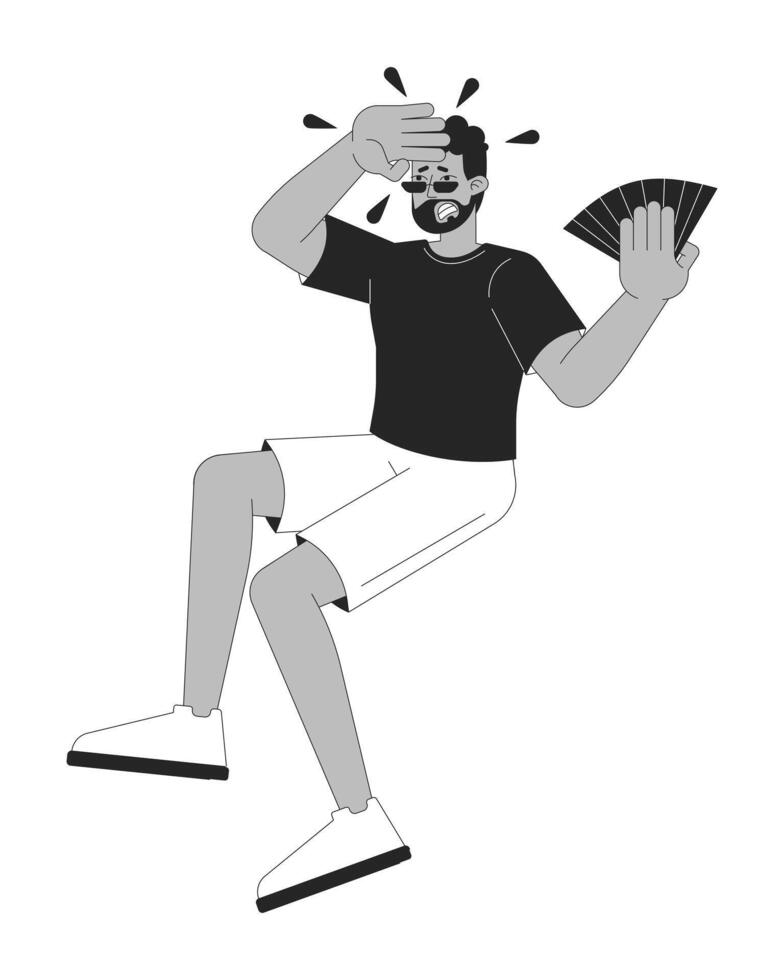 Sad african american man suffering from overheating black and white 2D line character. Black male waving hand fan on hot day isolated outline person. Monochromatic spot illustration vector