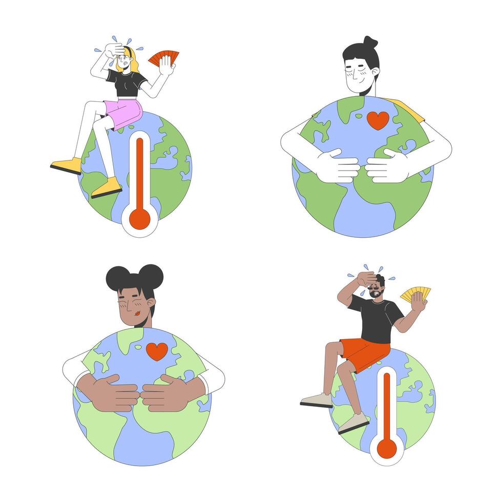 Protecting global environment 2D illustration concepts set. Diverse people caring of ecology and warning about warming cartoon characters isolated on white. Metaphors abstract flat collection vector