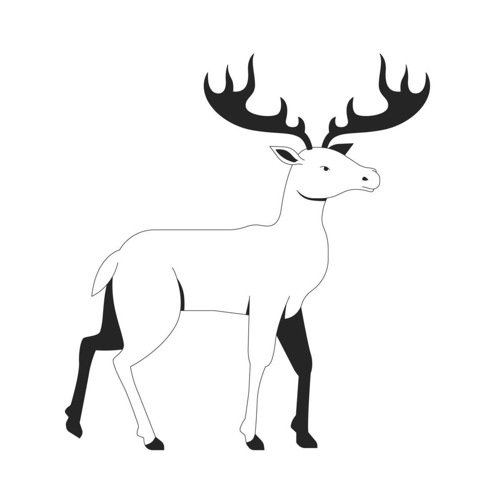 Gorgeous moose with branched antlers black and white 2D line character. Forest fauna habitat. Wild animal from reserved nature area isolated outline personage. Monochromatic spot illustration vector