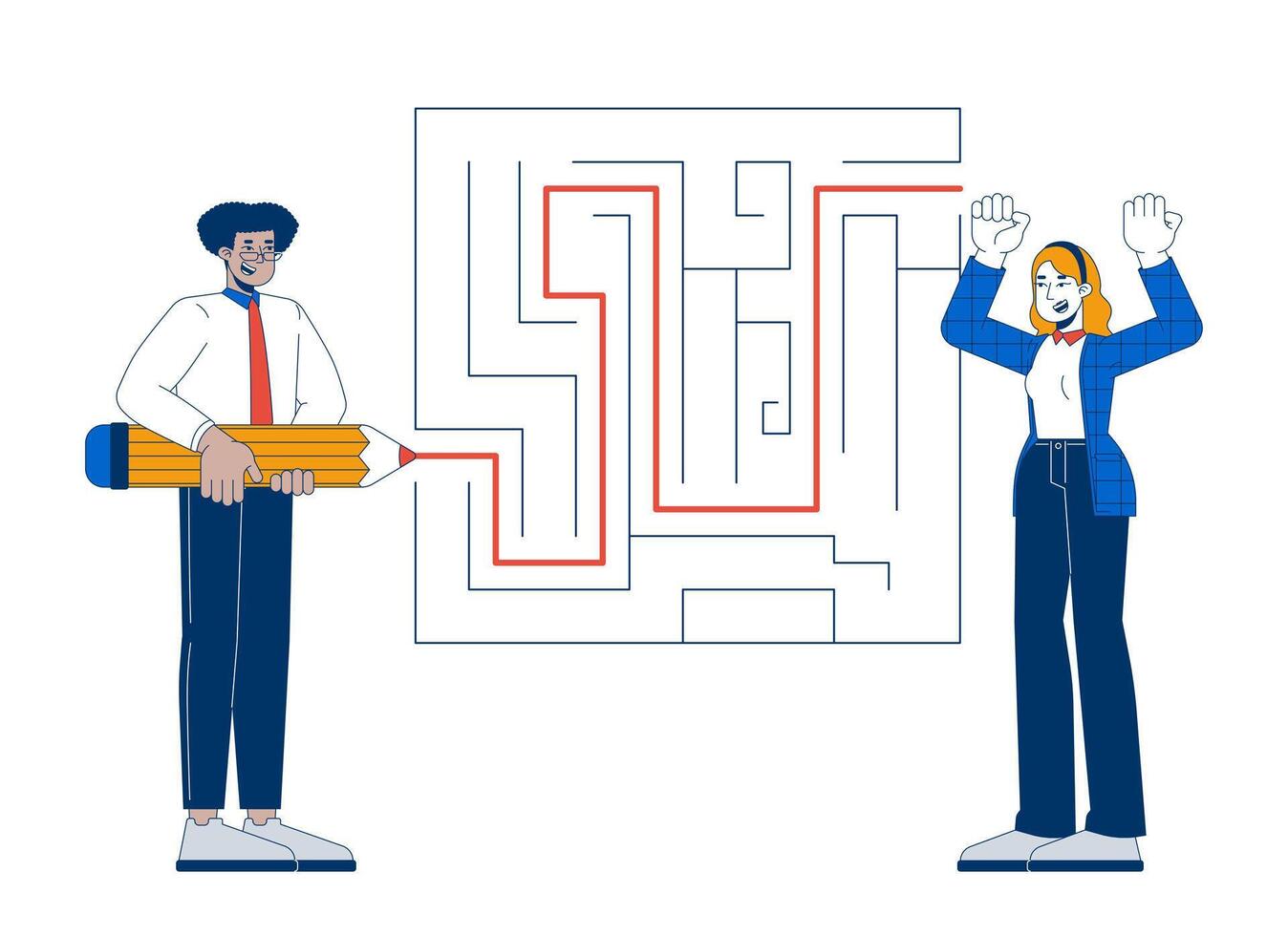 Problem solving 2D illustration concept. Business project development. Positive diverse colleagues finding way out of maze cartoon characters isolated on white. Metaphor abstract flat graphic vector
