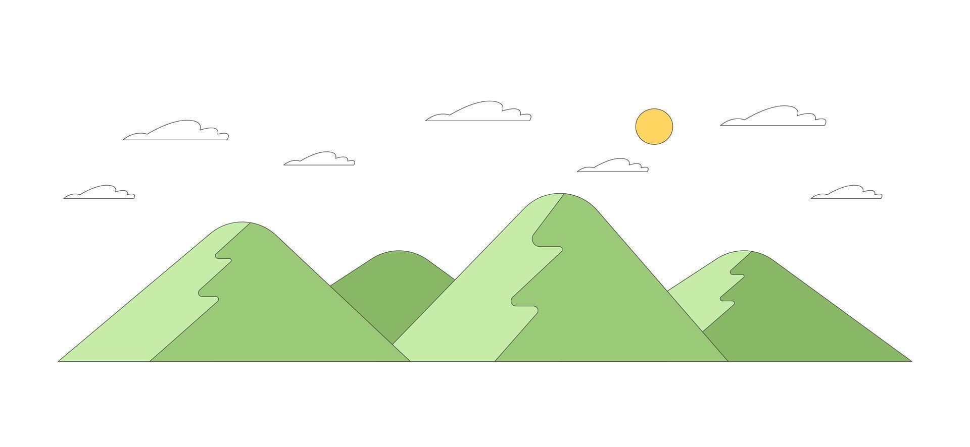Sloppy hills under sky with light clouds 2D cartoon object. Highland beauty. Summer landscape with mountains on sunny day isolated element flat clipart on white background. Spot illustration vector