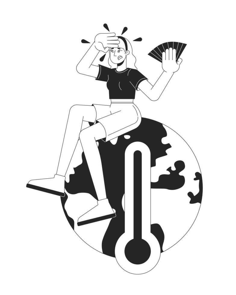 Global warming black and white 2D illustration concept. Climate crisis. Caucasian woman suffering from heat on earth globe with thermometer outline character isolated. Metaphor monochrome art vector