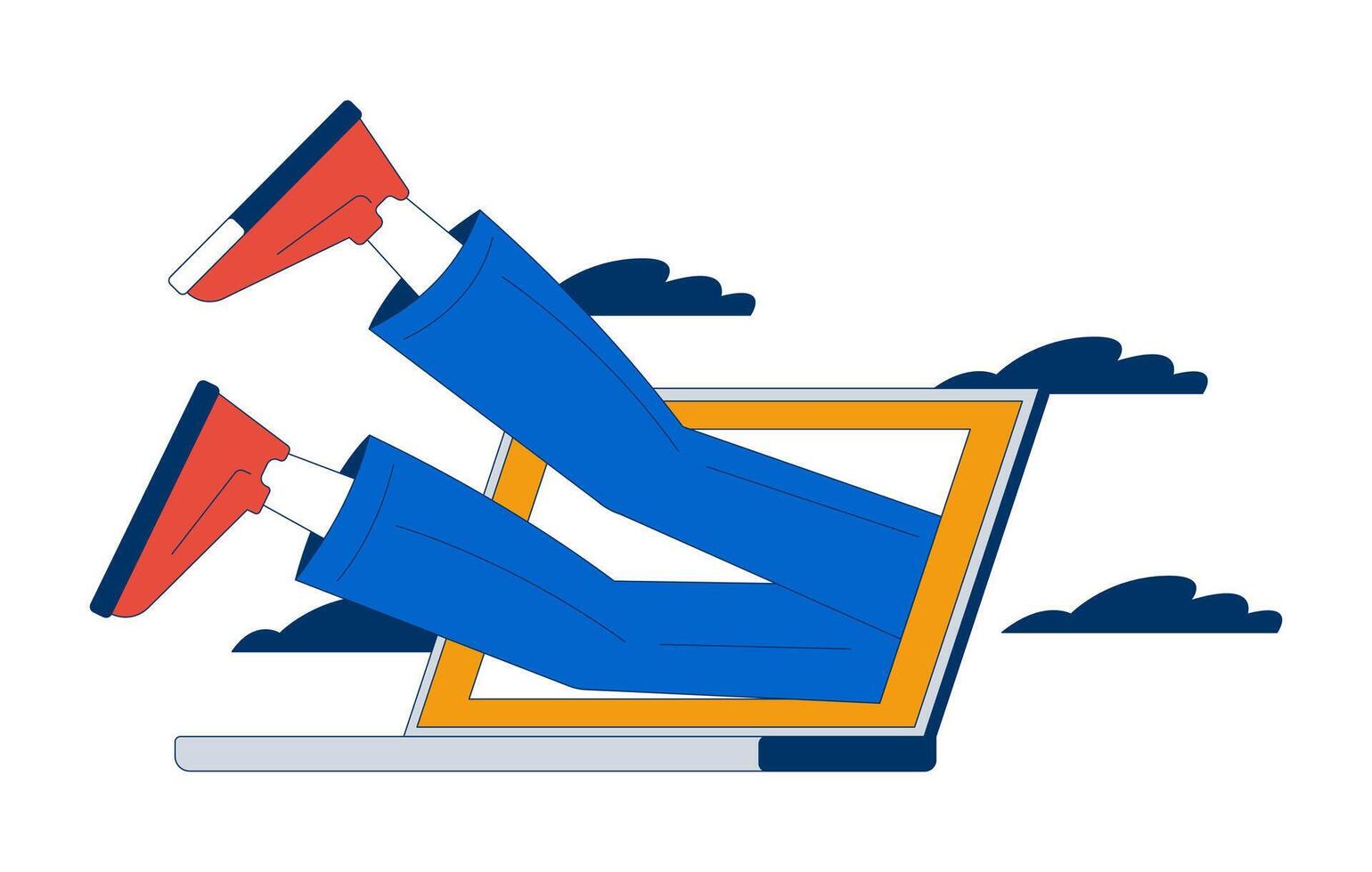 Immerse yourself in work fully 2D illustration concept. Corporate company employee diving into laptop monitor legs cartoon character isolated on white. Metaphor abstract flat graphic vector