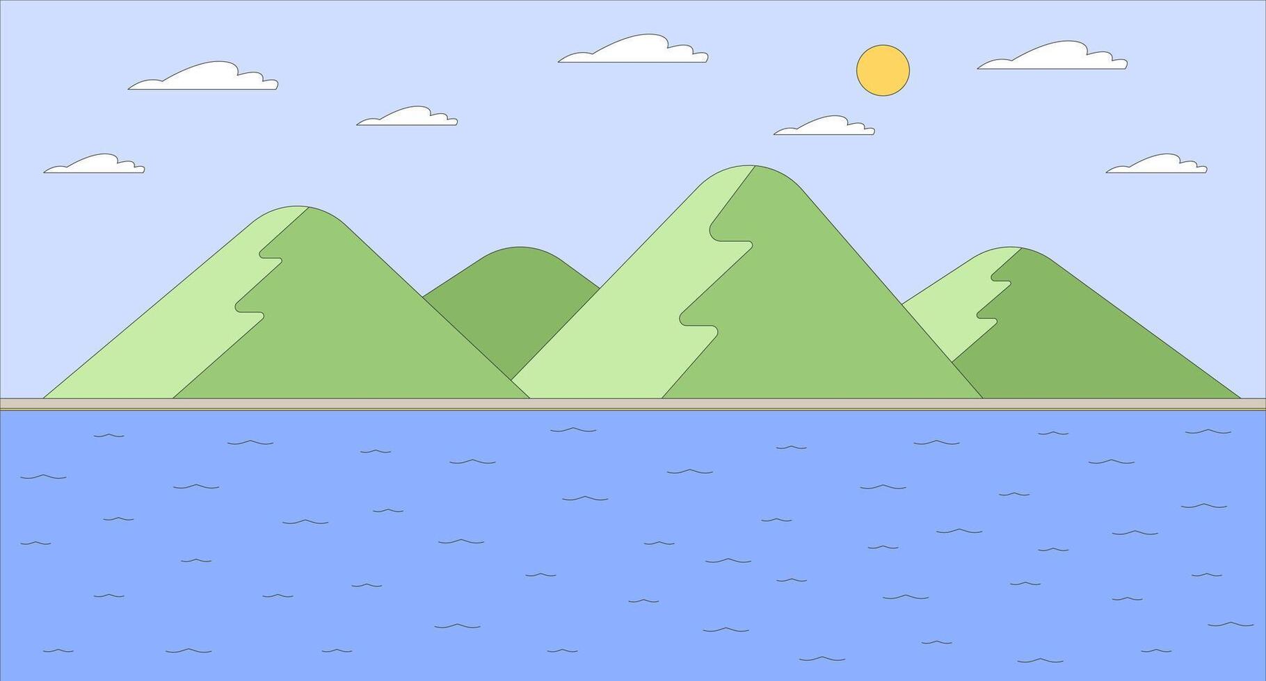 Hilly island in calm sea flat illustration. Mountains and water. Picturesque slopes on sunny ocean coast 2D landscape cartoon background. Idyllic place for summer vacation scene image vector