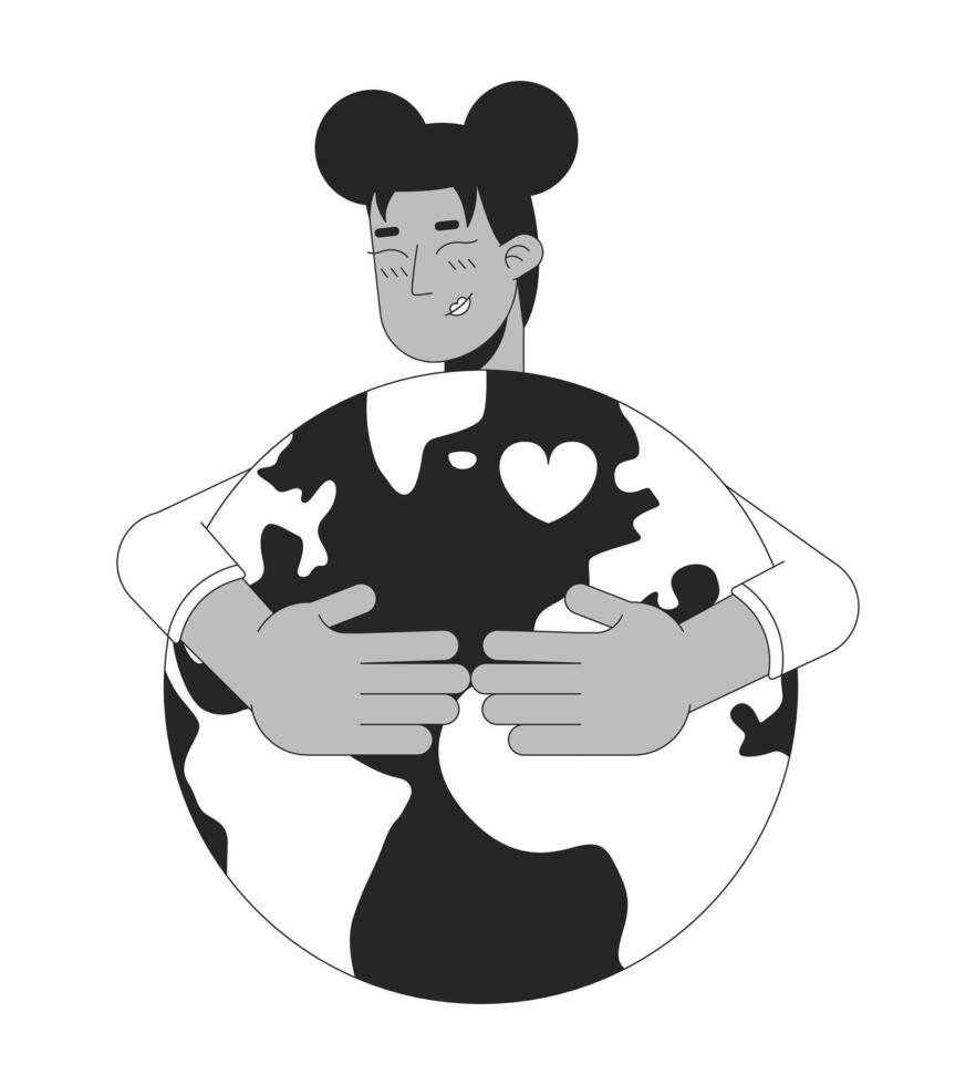 Save planet black and white 2D illustration concept. Climate crisis prevention. Positive african american woman embracing planer with heart outline character isolated. Metaphor monochrome art vector