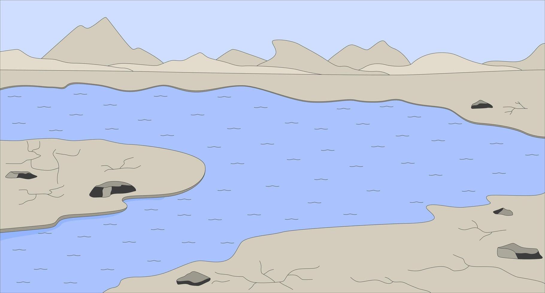 Rivers disappearing crisis flat illustration. Shallow riverbed with evaporating water 2D landscape cartoon background. Climate changes impact on environment conditions scene image vector