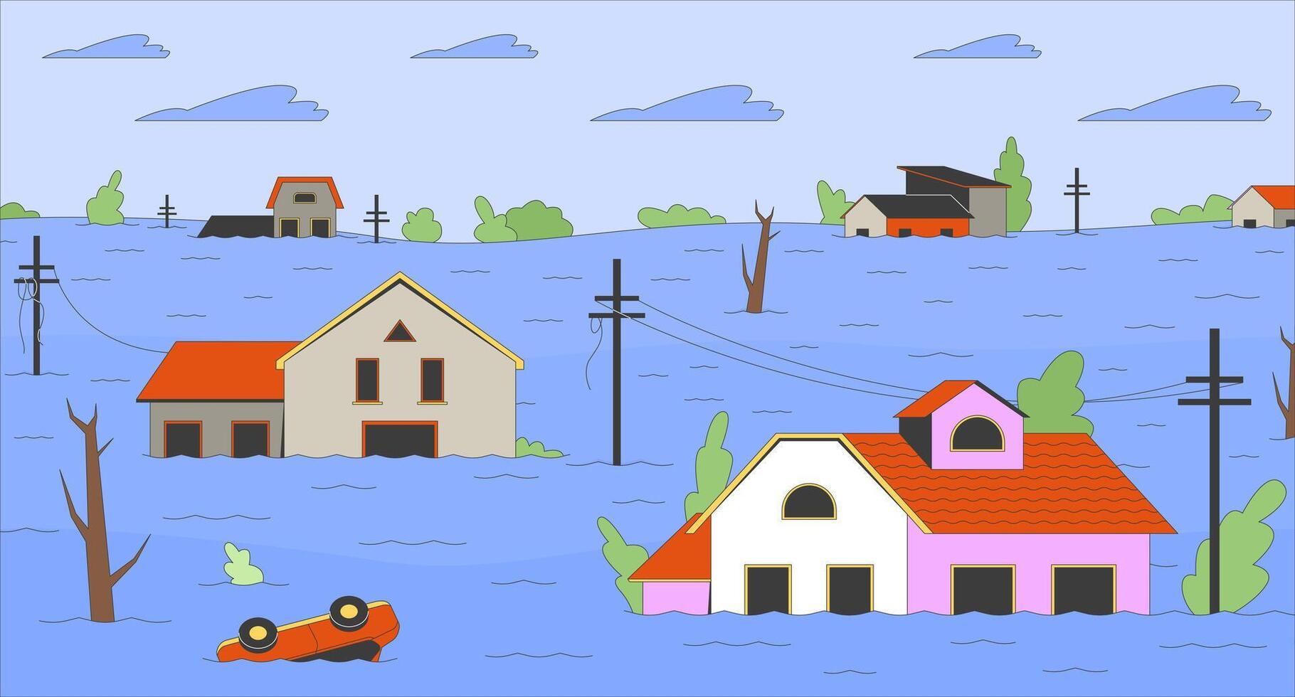 Floods danger flat illustration. Global climate crisis. Residential buildings going under water 2D landscape cartoon background. Consequences of global warming on environment scene image vector