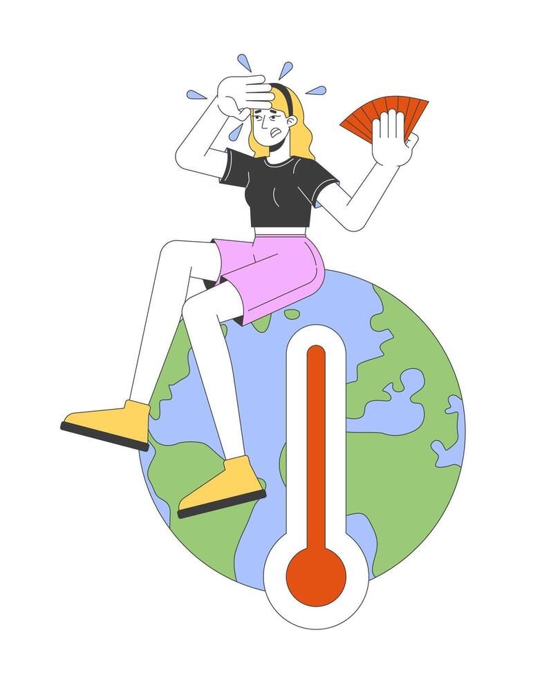 Global warming 2D illustration concept. Climate crisis. Caucasian woman suffering from heat on earth globe with thermometer cartoon character isolated on white. Metaphor abstract flat graphic vector