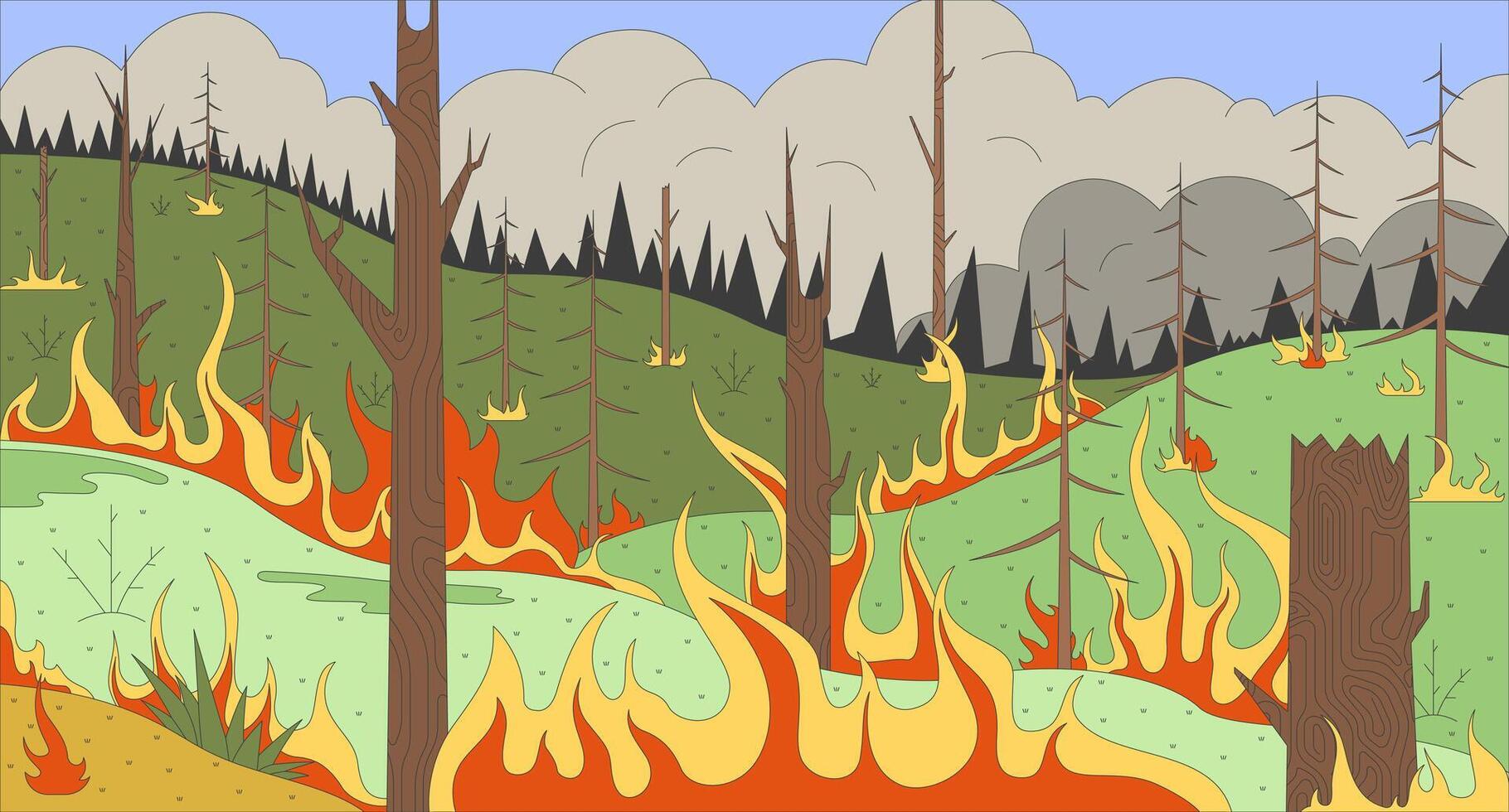 Forest fire flat illustration. Danger of climate crisis. Burning trees and smoke at wild woodland 2D landscape cartoon background. Environment damage caused by global warming scene image vector