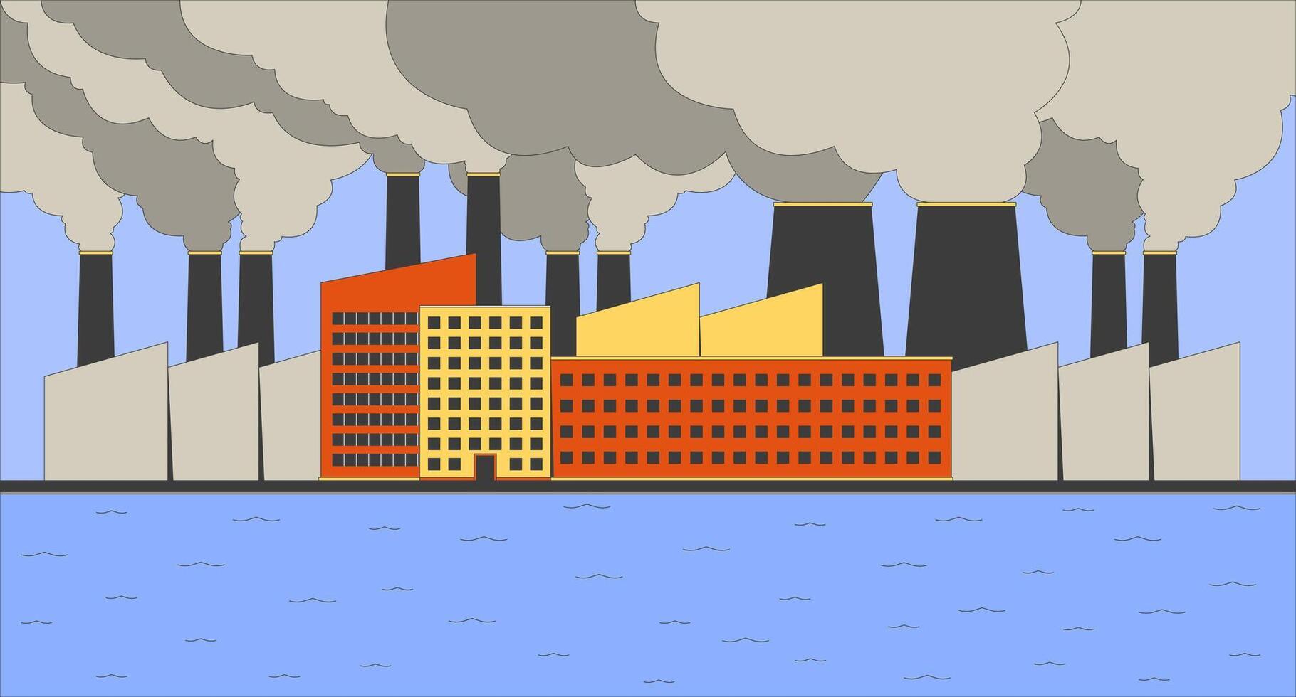 Industrial plant air pollutions flat illustration. Climate crisis. Large manufacturing complex on riverbank 2D landscape cartoon background. Toxic emissions damaging ecosystem scene image vector
