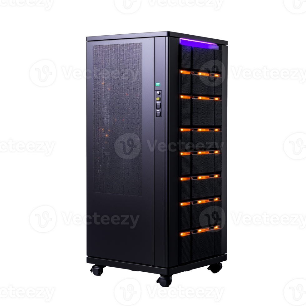 High-Performance Server Rack with LED Indicators on Wheels png