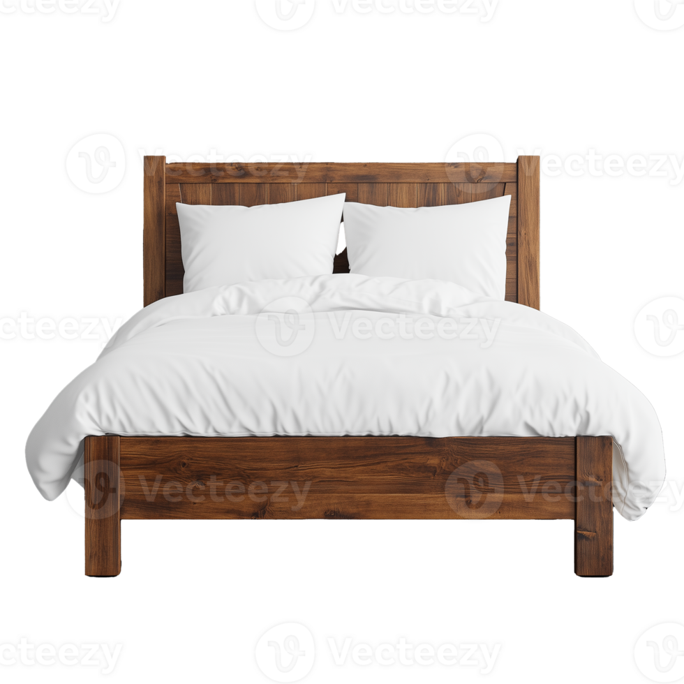 Elegant Wooden Bed Frame with Plush White Bedding Display png