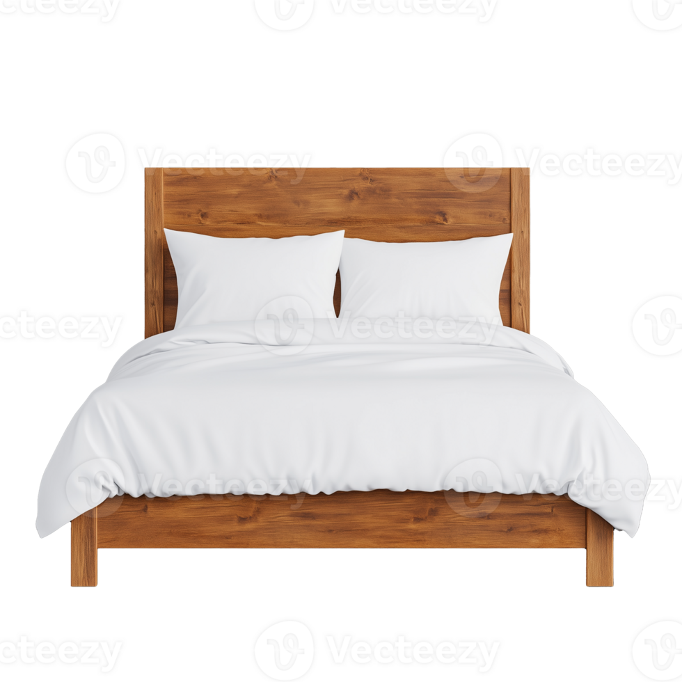 Wooden Bed Frame with White Bedding on Display png