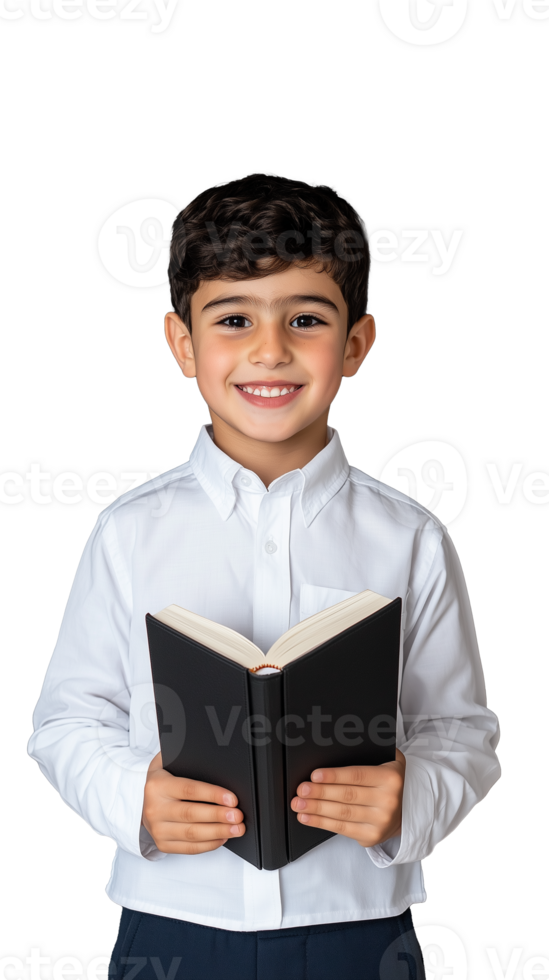 Smiling boy holding open book on transparent background png