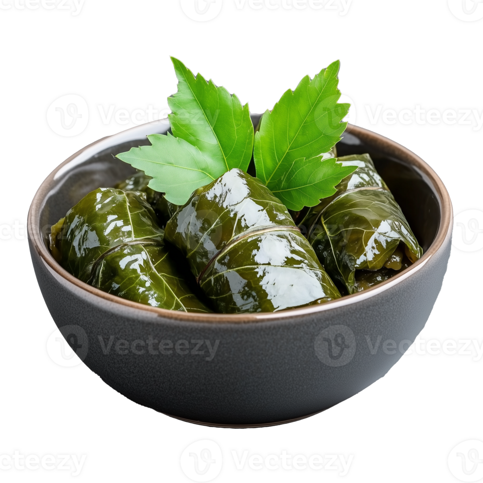 Bowl of stuffed grape leaves on transparent background png