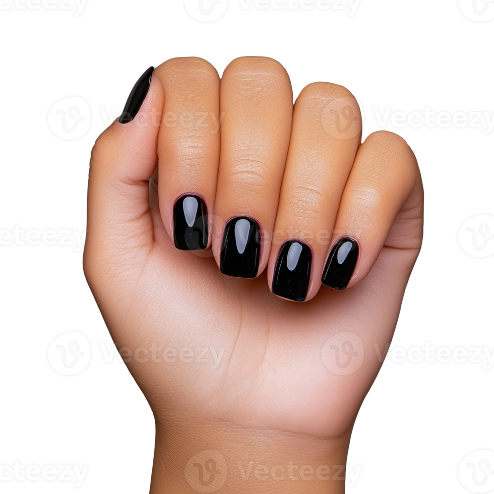 Hand with black nail polish on transparent background png