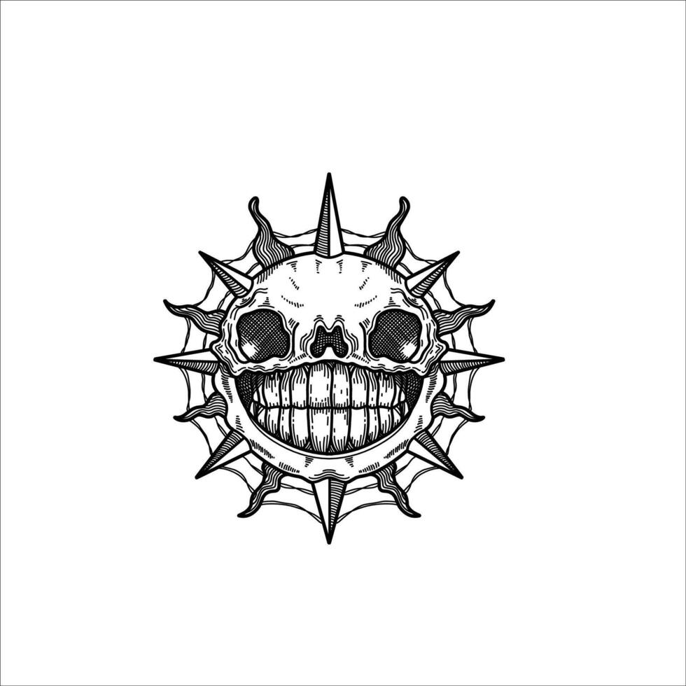Smiling sun skull hand drawn illustration artwork vector