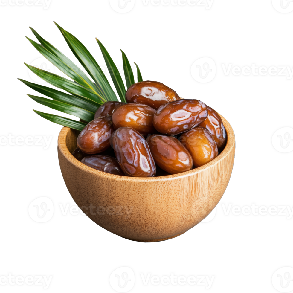 Bowl of dates with palm leaves isolated png