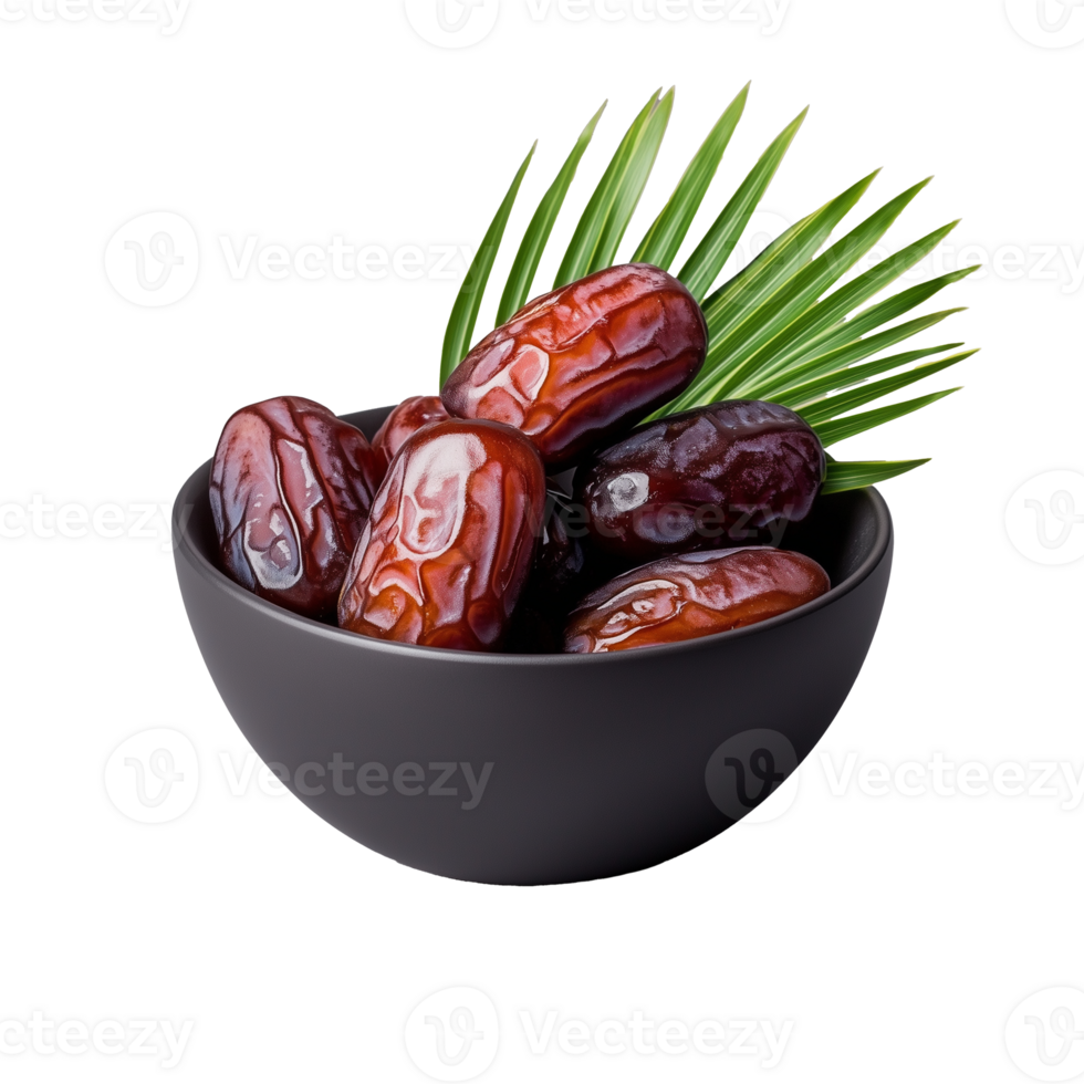 Bowl of dates with palm leaves on transparent background png