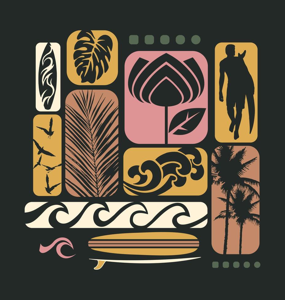 Graphic style illustration of surfing, tropics, sea and summer elements. vector