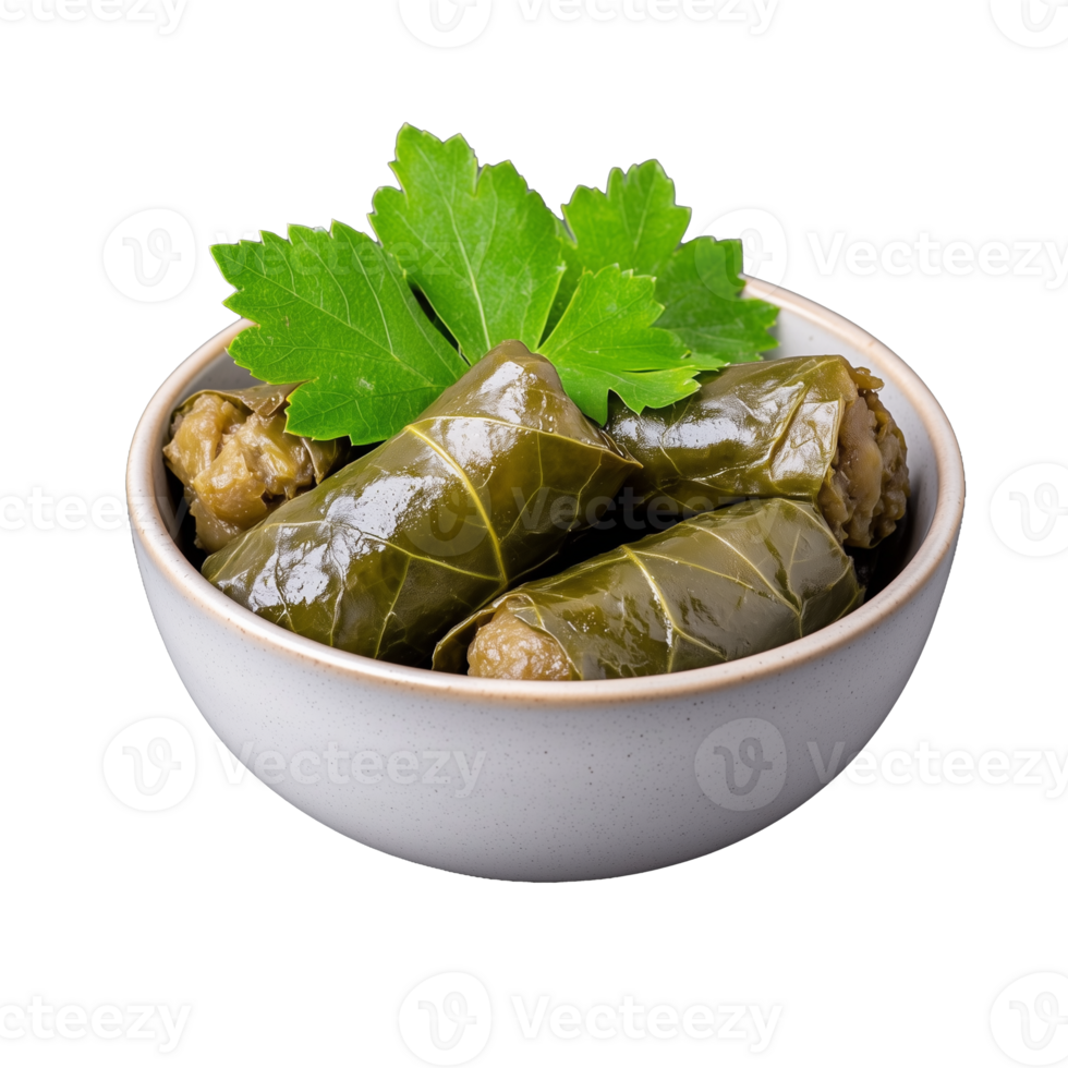Bowl of stuffed grape leaves on transparent background png