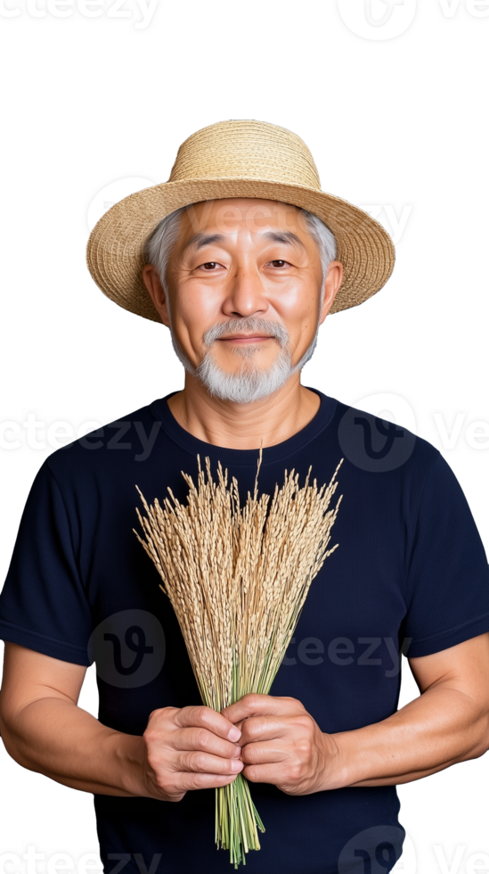 Senior farmer holding wheat on transparent background png