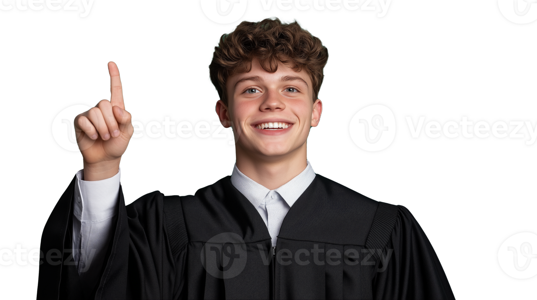 Smiling graduate pointing up on transparent background png