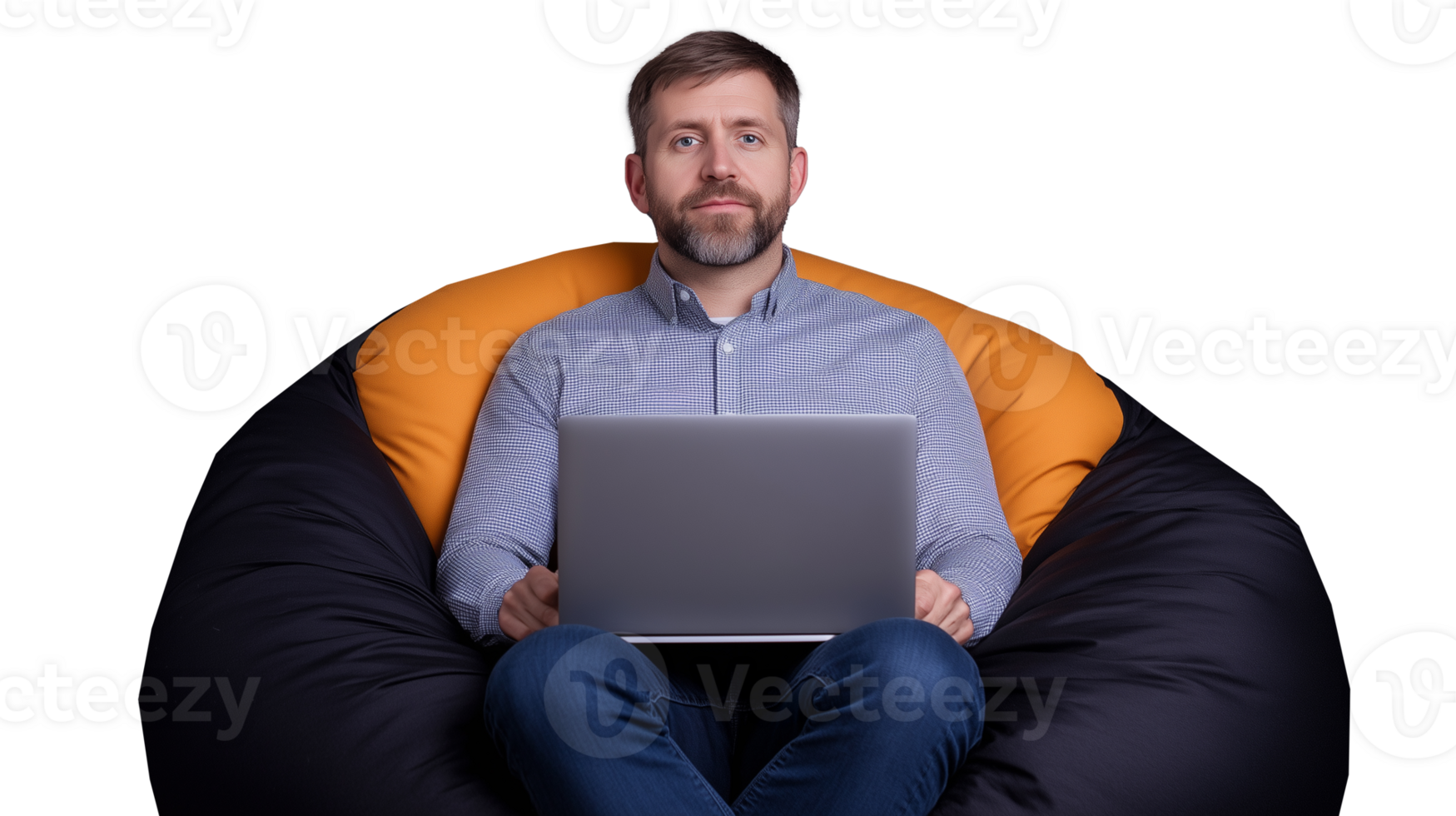 Man with laptop sitting in beanbag chair on transparent background png