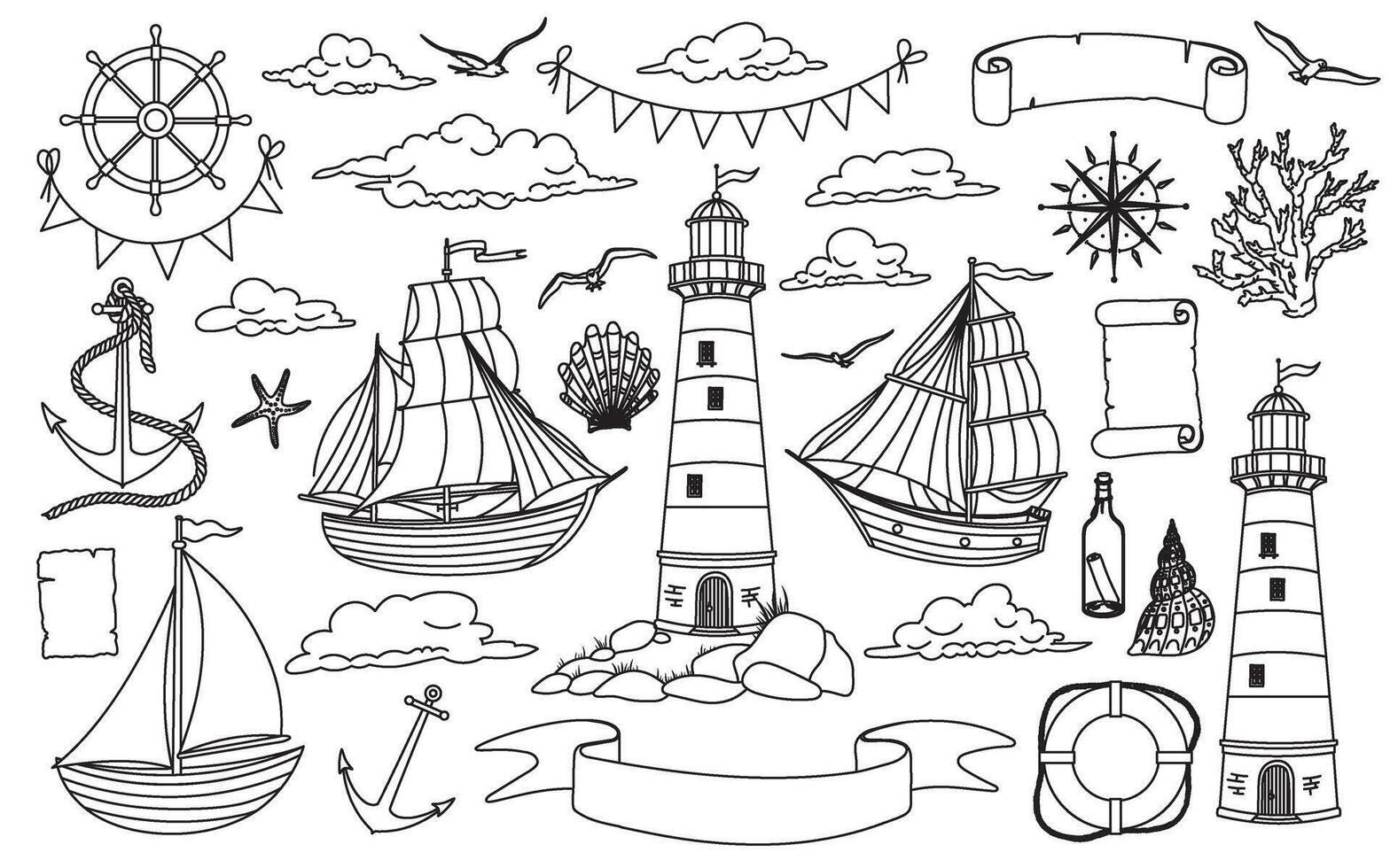 clipart with Sailboat and Lighthouse for Baby design in nautical style. Linear Drawing of Beacon and Ships for childish coloring book. Line art marine set for kids. Outline etching. vector