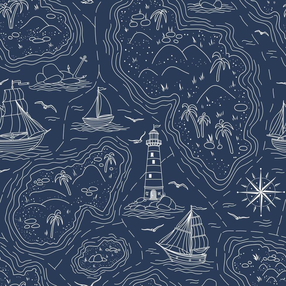 Sea map seamless pattern. Linear nautical backdrop with islands, lighthouse, sailboats on dark blue background for wallpaper, wrapping paper or textile design. White drawing with ships. vector