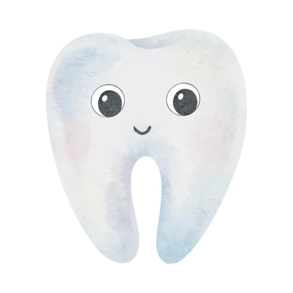 Baby tooth Smile Kawaii Character. Healthy Molars. Kids Teeth. Isolated hand drawn watercolor kids illustration. Clipart for pediatric dentistry, Oral hygiene, products of dental health care vector