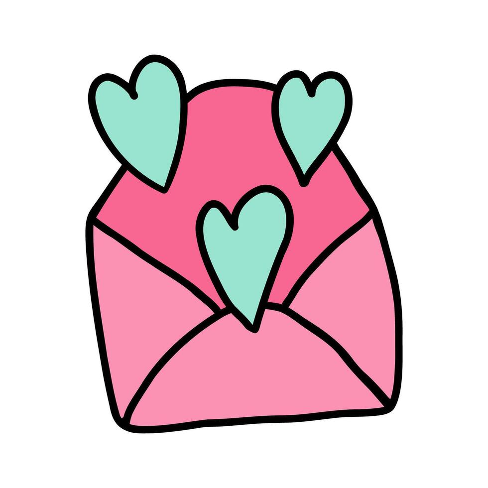 Cartoon happy Valentines day envelope with hearts flying away. Hand drawn envelope with declaration of love on Valentine's day. Send love message in envelope on Valentine's, Mother's or Women's Day. vector