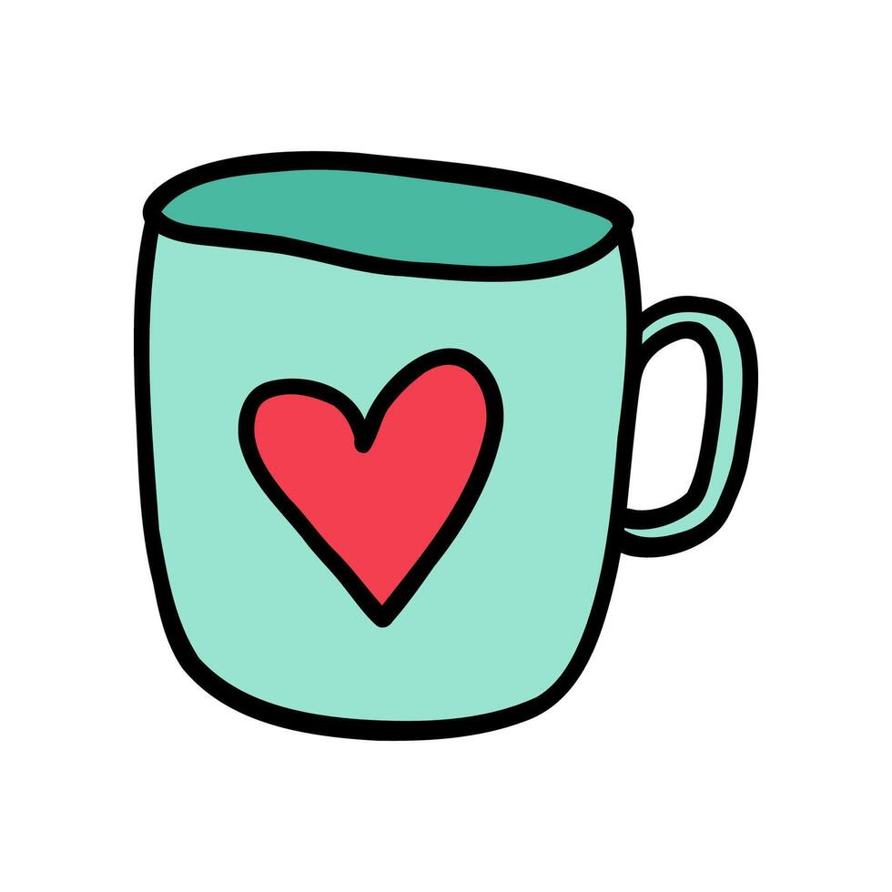 Blue cup with red heart in doodle style isolated on white background. Hand drawn cute cup for Valentine's Day, featuring love-themed design. Perfect cup for sharing love and warm beverages. vector