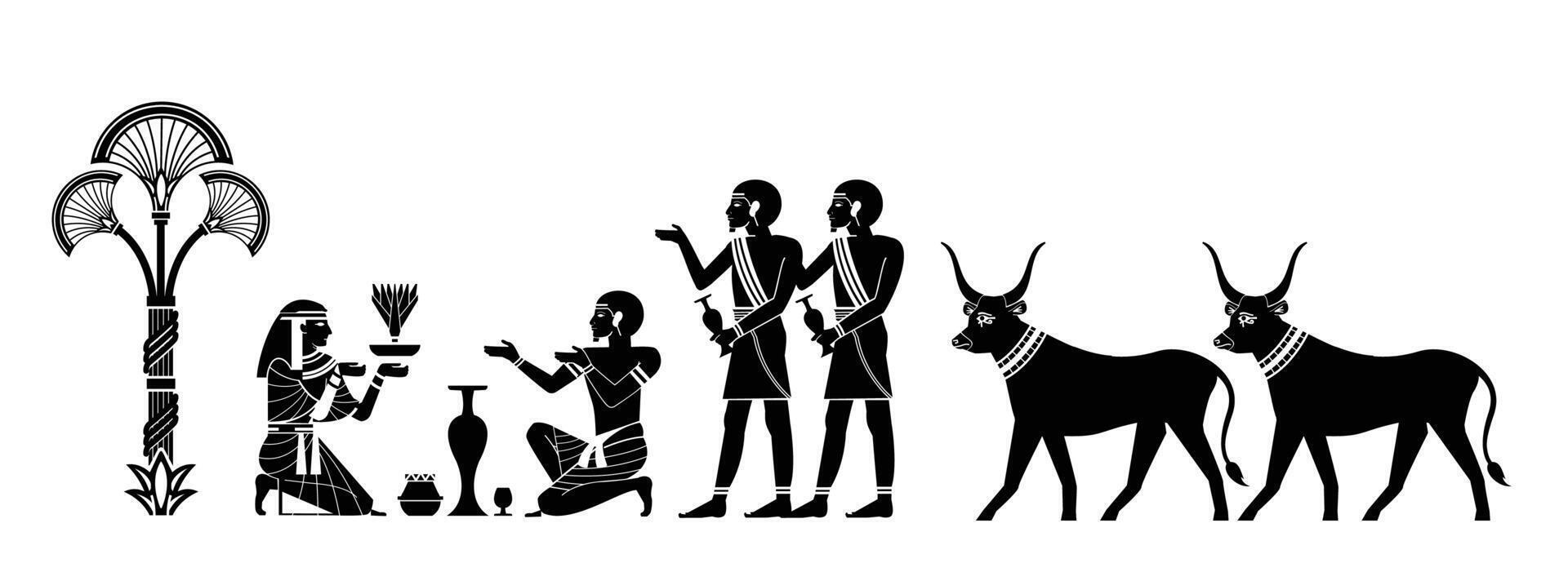 Illustration of trade culture in ancient Egypt, walls and hieroglyphs in Ramses' tomb chamber vector