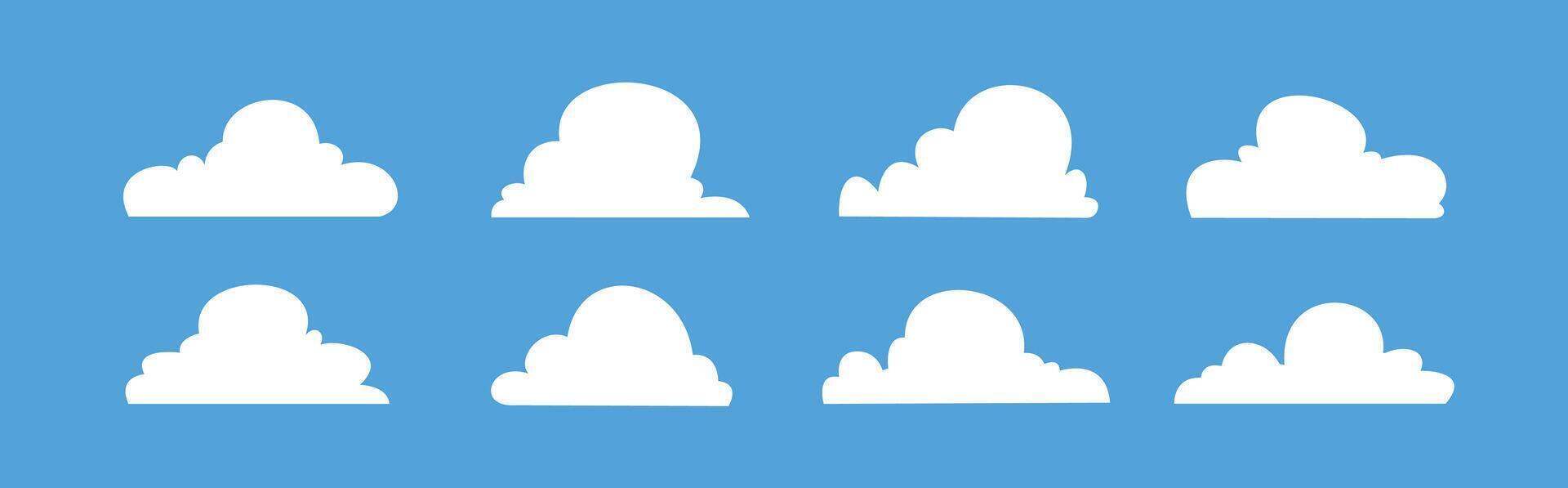 minimalist white clouds collection, set of 8 cartoon clouds in flat design vector