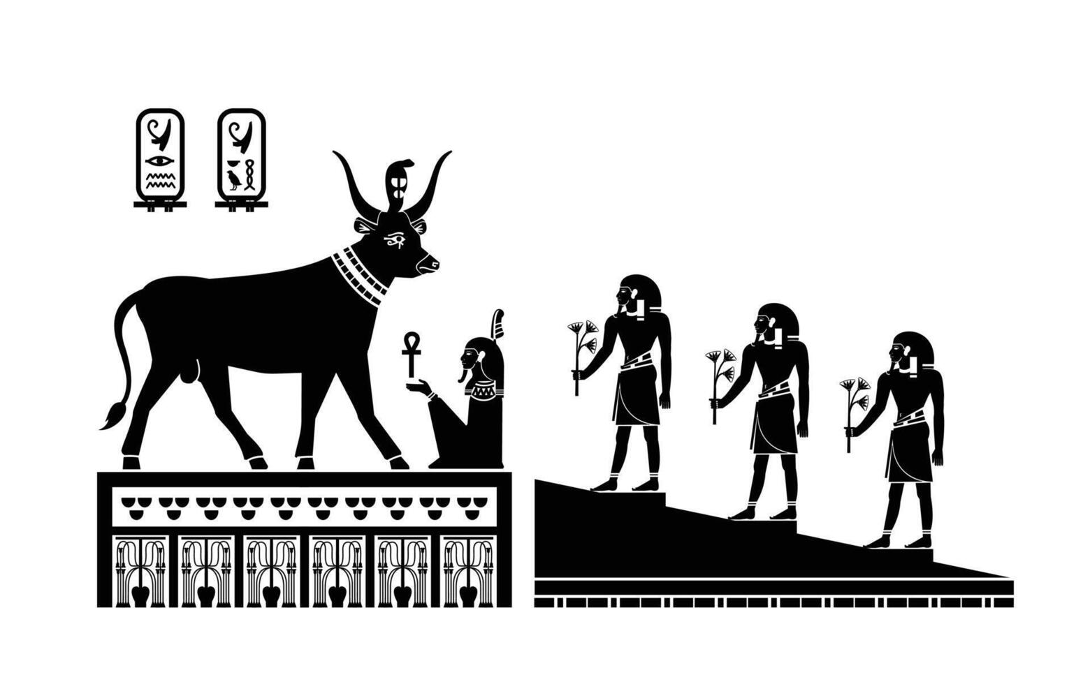 worship of ancient Egyptian gods on the walls and hieroglyphs in the burial chamber of Ramses VI vector