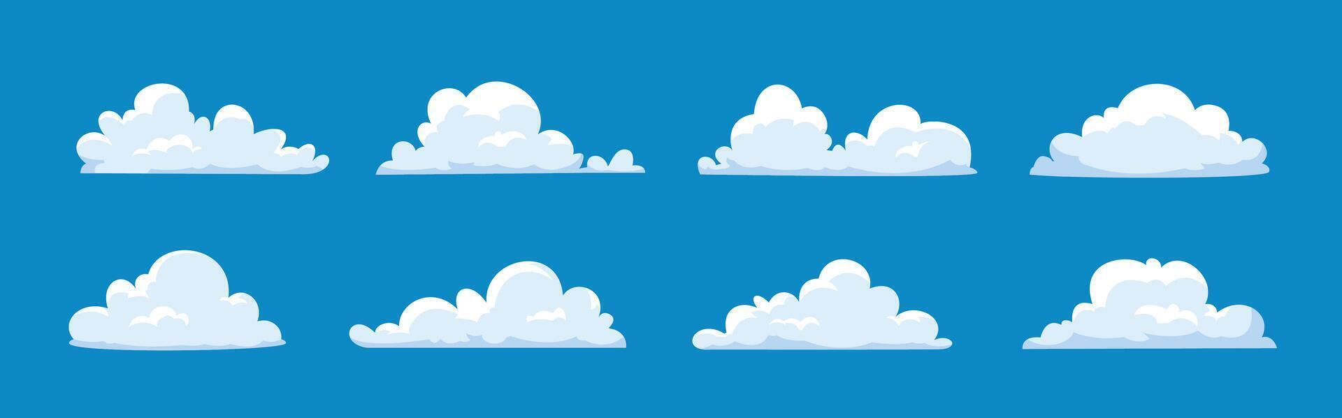 collection of white cloud illustrations with gradient, set of 8 cartoon clouds in flat design vector