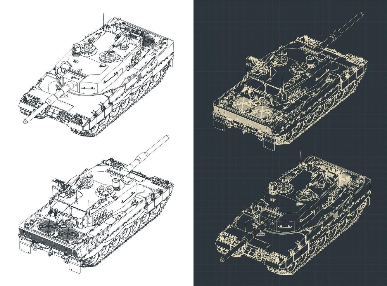 Leopard 2 german tank isometric blueprints vector