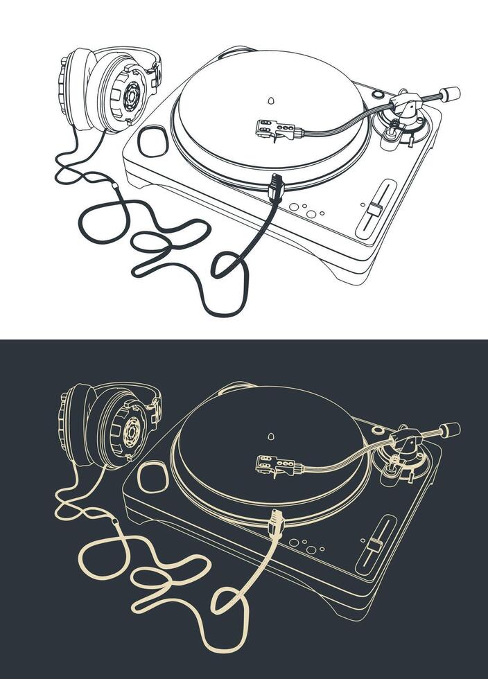Turntable and headphones illustrations vector