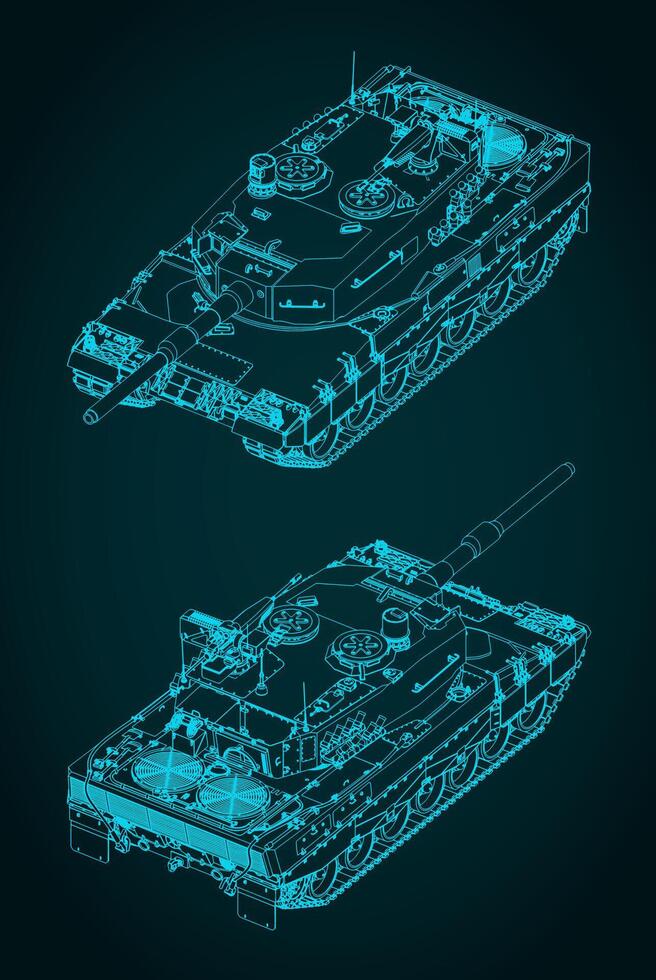 Leopard 2 tank isometric blueprints vector