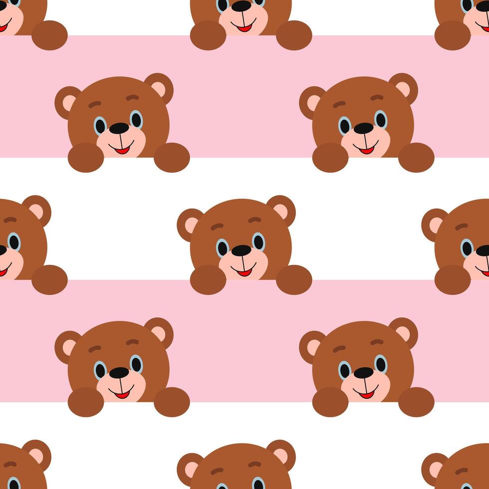 Teddy bears pattern on a pink and white striped background vector