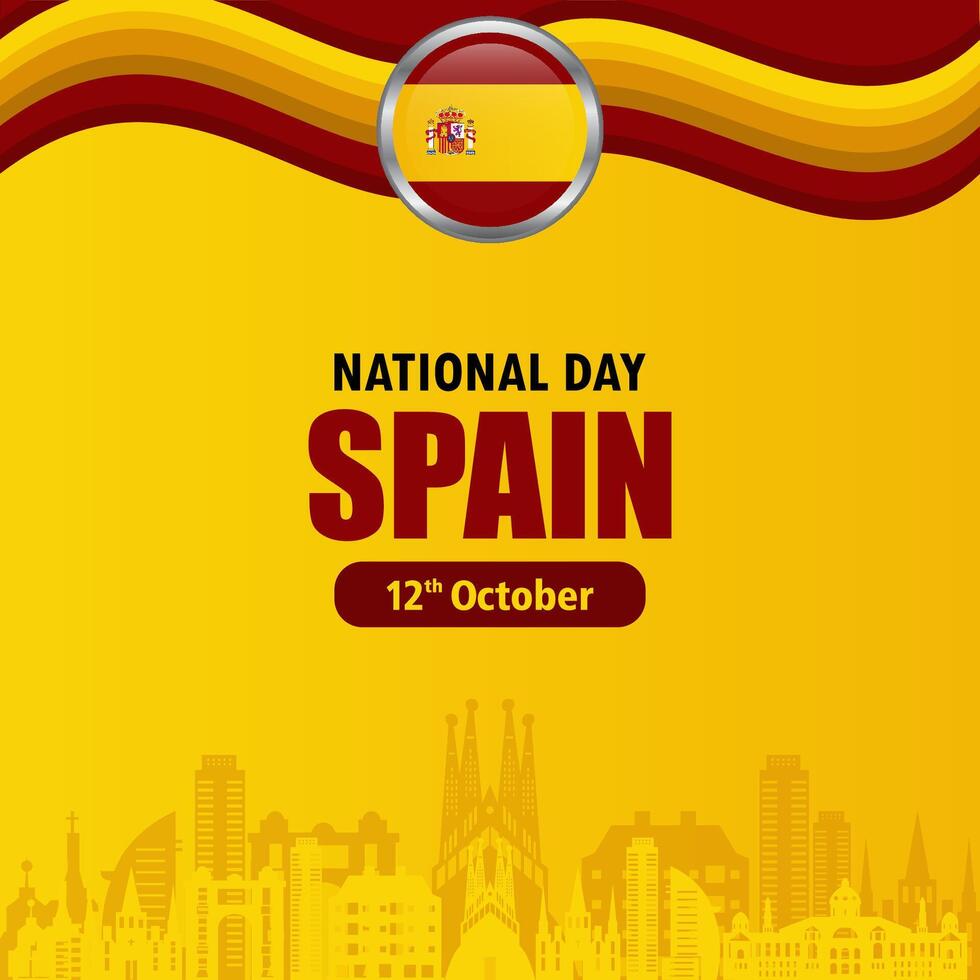 national day of spain spanish flag and cityscape background for poster, banner, flyer, vector