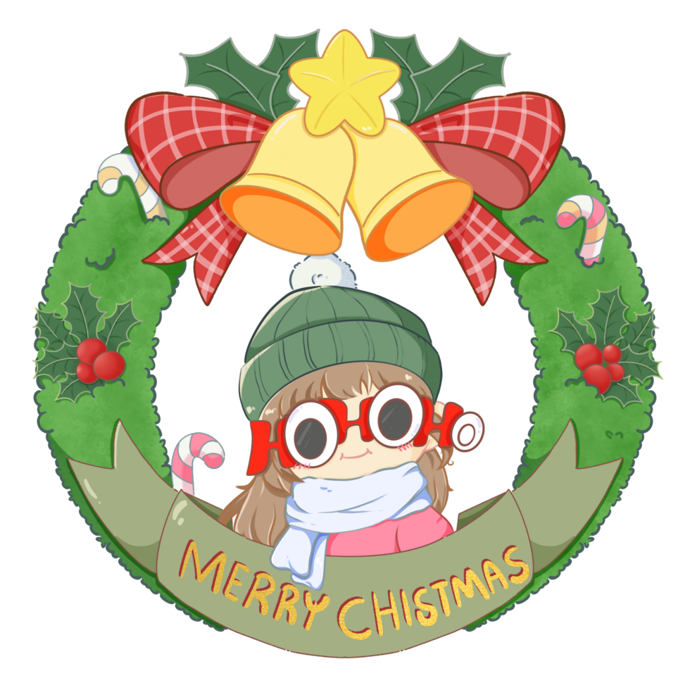 Christmas Wreath with cute Girl in Ho Ho Ho Glasses and Cozy Winter Outfit png