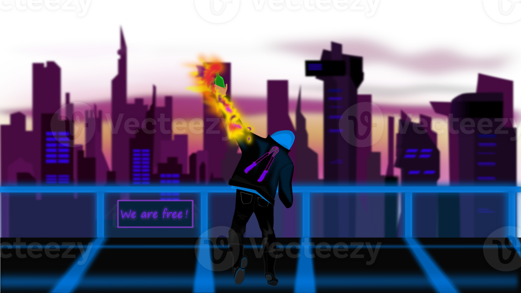 Drawing of an activist,a revolutionary throwing a cocktail molotov in a futuristic synthwave art style png